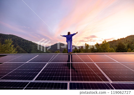 Rooftop with solar panels on house in mountains, 119062727