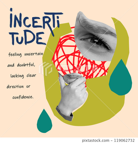 Contemporary art collage. Person with doodles face and thoughtful hand, symbolizing uncertainty, lack of direction, or confidence. 119062732