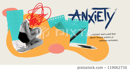 Contemporary art collage. Anxiety. Person curled up, face obscured by red doodles and abstract background elements. Worry about future events or outcomes. 119062738