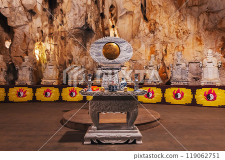 Buddhist temple with statues and sanctuary inside Am Phu Cave in Marble Mountains in Da Nang in Vietnam Buddhist temple with statues and sanctuary inside Am Phu Cave in Marble Mountains in Da Nang in Vietnam 119062751