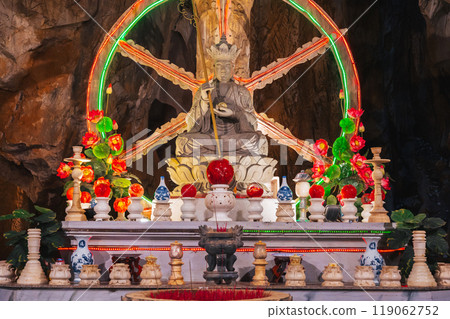 Buddhist temple with statues and sanctuary inside Am Phu Cave in Marble Mountains in Da Nang in Vietnam in Asia 119062752