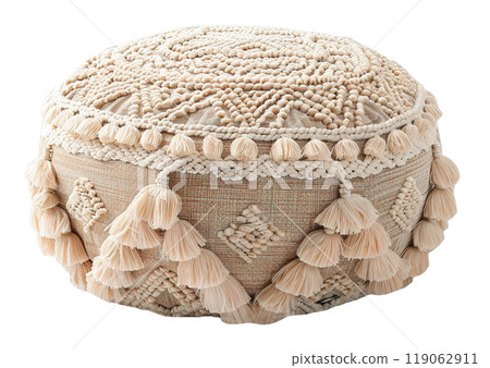 Cozy beige pouf in Scandinavian, boho style perfect for modern living space. Puff isolated on white background. Cut out furniture. Front view. Generative AI. 119062911