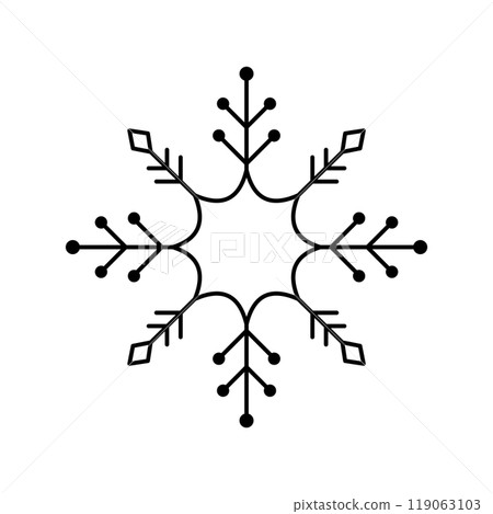 Snowflake for snow design and pattern. Black line Christmas element isolated on white background. Freeze symbol. Snow flake icon. Ice crystal graphic. Clipart for winter prints. Simple shape. Vector 119063103