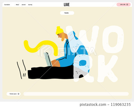 Creative workspace, modern flat vector concept illustration of a woman working sitting with a computer Remote work, flexibility, independence, efficiency, mobility, synergy, freedom 119063235