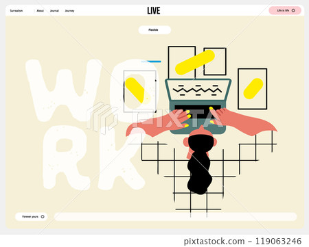 Creative workspace, modern flat vector concept illustration of a woman working laying down with a computer Remote work, flexibility, independence, efficiency, mobility, synergy, freedom Creative workspace, modern flat vector concept illustration of a woman working laying down with a computer Remote work, flexibility, independence, efficiency, mobility, synergy, freedom 119063246