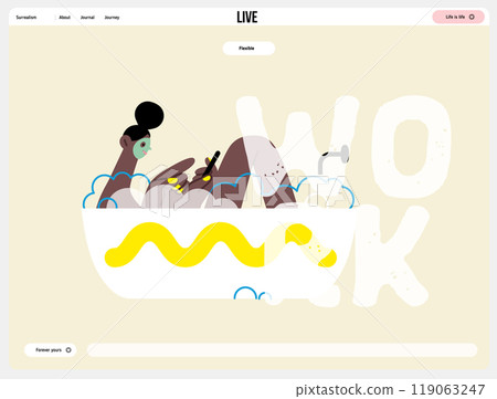 Creative workspace, modern flat vector concept illustration of a woman working sitting with a computer in a bath tube Remote work, flexibility, independence, efficiency, mobility, synergy, freedom Creative workspace, modern flat vector concept illustration of a woman working sitting with a computer in a bath tube Remote work, flexibility, independence, efficiency, mobility, synergy, freedom 119063247
