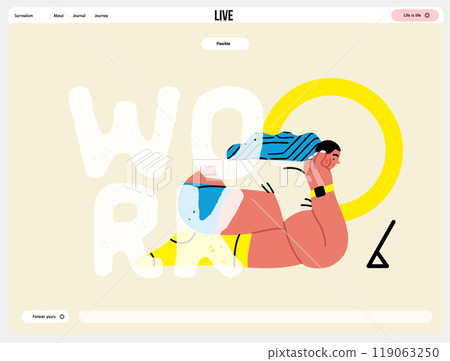 Creative workspace, modern flat vector concept illustration of a woman working sitting with a computer Remote work, flexibility, independence, efficiency, mobility, synergy, freedom 119063250