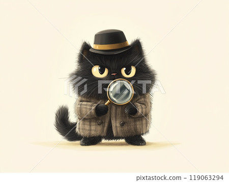 戴帽子拿著放大鏡的偵探黑貓 119063294
