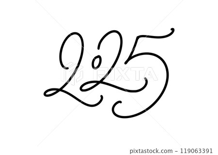 Hand drawn vector lettering calligraphy black number text 2025. Happy New Year Christmas greeting card. Vintage illustration design Hand drawn vector lettering calligraphy black number text 2025. Happy New Year Christmas greeting card. Vintage illustration design 119063391