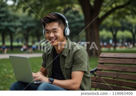 Happy handsome millennial asian man entrepreneur sit on bench at park outdoor, reading email on laptop, looking at copy space. Success in business, new opportunities for young entrepreneurs. Happy handsome millennial asian man entrepreneur sit on bench at park outdoor, reading email on laptop, looking at copy space. Success in business, new opportunities for young entrepreneurs. 119063400