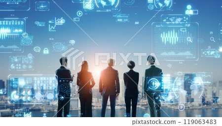 A group of business people looking at the city and business strategies 119063483