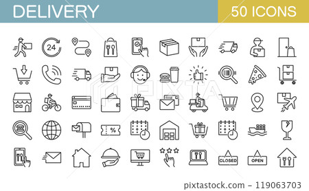 Icon set related to delivery such as parcel delivery and food delivery Icon set related to delivery such as parcel delivery and food delivery 119063703