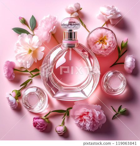 Image material of beautiful pink perfume bottles and cosmetic accessories Image material of beautiful pink perfume bottles and cosmetic accessories 119063841