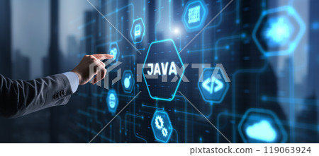 Businessman clicks Java programming language application concept on virtual screen Businessman clicks Java programming language application concept on virtual screen 119063924