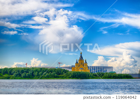 Alexander Nevsky Cathedral and the stadium in Nizhny Novgorod, Russia 119064042