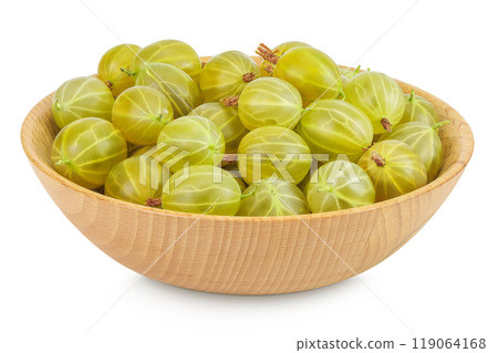 Green gooseberry in wooden bowl isolated on white background with full depth of field Green gooseberry in wooden bowl isolated on white background with full depth of field 119064168
