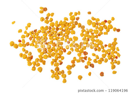 Bee pollen grains isolated on white background. Top view. Flat lay Bee pollen grains isolated on white background. Top view. Flat lay 119064196