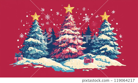 Christmas trees in the snow on a red background, vector illustration design. Christmas trees in the snow on a red background, vector illustration design. 119064217