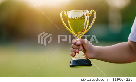 hand holds shiny golden trophy against blurred outdoor background, symbolizing achievement and success. 119064223