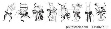 Alcohol cocktail icon set vector female hand, coquettish ribbon bow, wine glass celebration beverage 119064498
