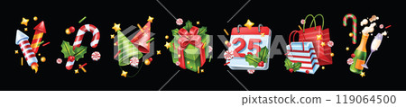 3D Christmas icon set, New Year firecracker, vector party paper cone hat present box, calendar page. 3D Christmas icon set, New Year firecracker, vector party paper cone hat present box, calendar page. 119064500