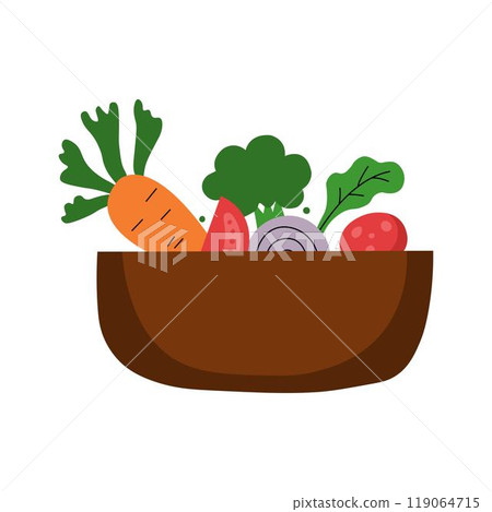 Illustration of wooden bowl filled with fresh vegetables simple doodle style 119064715