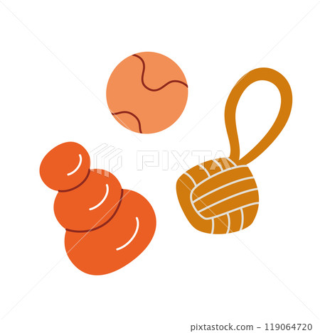 Vector illustration of colorful pet toys, ball, chew toy, and rope. Flat cartoon style, perfect for dog training, play, and enrichment activities. Fun and durable design for pets 119064720