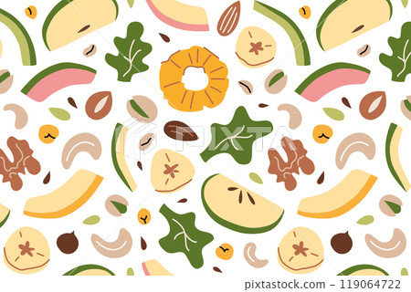 Vector illustration pattern with nuts, dried fruits, helthy snacks. Flat cartoon style with colorful doodle elements. Healthy food, vegan snack concepts, superfood print, isolated colored clipart Vector illustration pattern with nuts, dried fruits, helthy snacks. Flat cartoon style with colorful doodle elements. Healthy food, vegan snack concepts, superfood print, isolated colored clipart 119064722