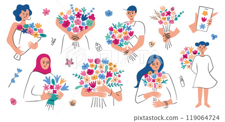 Vector illustration set of people holding colorful flower bouquets. Compositions for greeting cards. Flat cartoon style with doodle elements. Perfect for floral gift concepts, weddings, celebrations Vector illustration set of people holding colorful flower bouquets. Compositions for greeting cards. Flat cartoon style with doodle elements. Perfect for floral gift concepts, weddings, celebrations 119064724