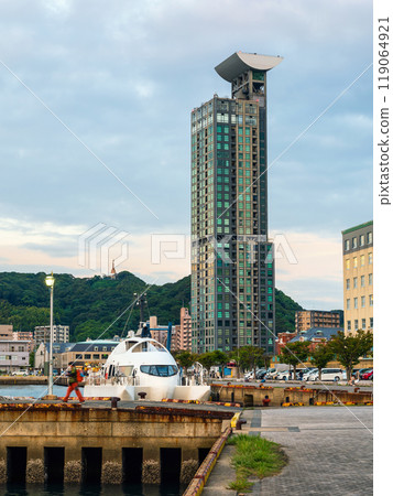 Hybrid electric passenger ship moored at Mojiko Retro 119064921