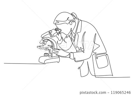 Continuous one line drawing of female scientist researching antibiotic formula using microscope to find covid vaccine. Coronavirus medical research. Single line draw design vector graphic illustration Continuous one line drawing of female scientist researching antibiotic formula using microscope to find covid vaccine. Coronavirus medical research. Single line draw design vector graphic illustration 119065246