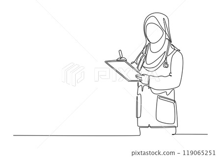 Continuous one line drawing beauty female Arabian doctor wearing hijab writing medical report on clipboard at hospital. Medical health care concept. Single line draw design vector graphic illustration Continuous one line drawing beauty female Arabian doctor wearing hijab writing medical report on clipboard at hospital. Medical health care concept. Single line draw design vector graphic illustration 119065251