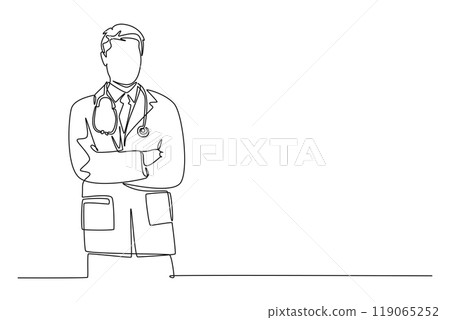 Continuous one line drawing smart handsome male doctor standing with folded hands gesture at hospital. Medical health care service workers concept. Single line draw design vector graphic illustration Continuous one line drawing smart handsome male doctor standing with folded hands gesture at hospital. Medical health care service workers concept. Single line draw design vector graphic illustration 119065252