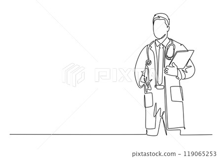 Continuous one line drawing of male doctor standing and holding medical to do list task on clipboard at hospital. Medical check up record concept. Single line draw design vector graphic illustration Continuous one line drawing of male doctor standing and holding medical to do list task on clipboard at hospital. Medical check up record concept. Single line draw design vector graphic illustration 119065253