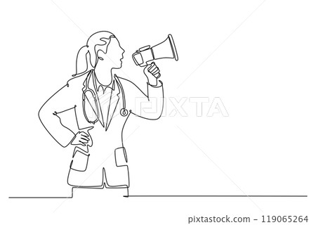 Single one line drawing female doctor announced important information to the patient using loudspeaker megaphone. Medical health worker concept. Continuous line draw design graphic vector illustration Single one line drawing female doctor announced important information to the patient using loudspeaker megaphone. Medical health worker concept. Continuous line draw design graphic vector illustration 119065264