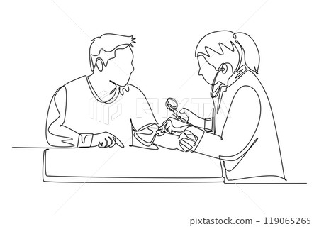 Single one line drawing female doctor check male patient blood pressure and pulse rate at hospital. Medical check up healthcare concept. Modern continuous line draw design graphic vector illustration Single one line drawing female doctor check male patient blood pressure and pulse rate at hospital. Medical check up healthcare concept. Modern continuous line draw design graphic vector illustration 119065265