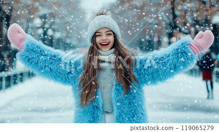 A school age happy girl outside on a cold winter day. Girl in blue faux fur coat laughing and frolicking outdoors. A cheerful happy child. Winter park This is AI-generated item 119065279