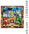 Stained glass style Christmas tree decorated in a Christmas night room 119065444