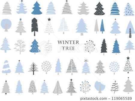 Snow covered Christmas trees set 119065589