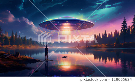 Silhouette of a boy watching a UFO land on a mysterious lake at night Silhouette of a boy watching a UFO land on a mysterious lake at night 119065624