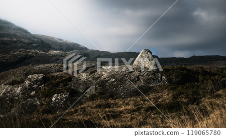 A large, gray rock sits atop a hill covered in short, brown grass. The sky is overcast with dark clouds. 119065780
