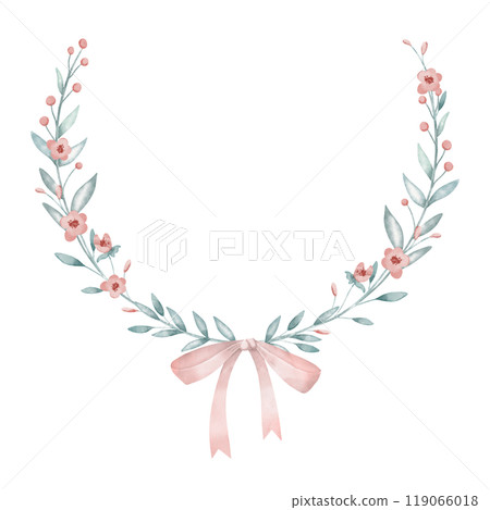 Floral Wreath with pastel pink Flowers and green blue leaves for greeting cards or invitations. Watercolor illustration for postcards template. Drawing of circular Frame with ribbon and bow. 119066018