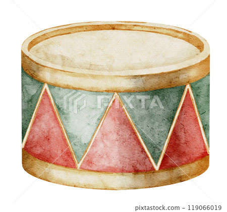 Watercolor illustration of a classic Drum on isolated background for Music themed designs. Drawing of retro Baby Toy. Vintage musical instrument for greeting cards or invitations. Watercolor illustration of a classic Drum on isolated background for Music themed designs. Drawing of retro Baby Toy. Vintage musical instrument for greeting cards or invitations. 119066019