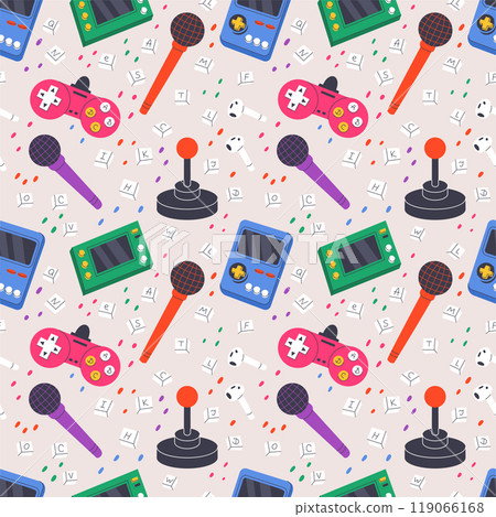 playful seamless pattern of gaming and media devices. Controllers, microphones and retro consoles. Modern VR goggles, and joysticks. Background with scattered keyboard keys and colorful details. playful seamless pattern of gaming and media devices. Controllers, microphones and retro consoles. Modern VR goggles, and joysticks. Background with scattered keyboard keys and colorful details. 119066168