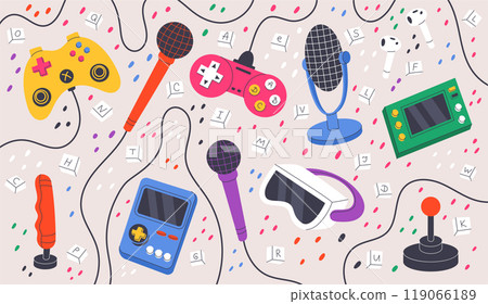 features of gaming and media devices, including controllers, microphones and retro handheld consoles. 119066189