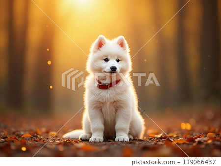 Samoyed puppy smiling in the autumn forest 119066437