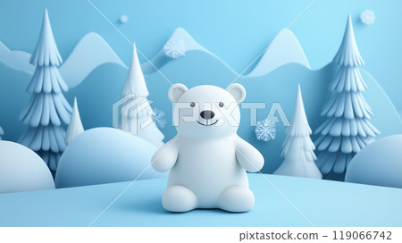 A light blue design background material of a three-dimensional snowy mountain and a polar bear 119066742