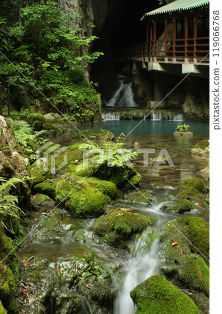 The entrance to Akiyoshi Cave with flowing water The entrance to Akiyoshi Cave with flowing water 119066768
