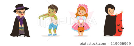 Cute Children in Halloween Costume Celebrate Holiday Vector Set Cute Children in Halloween Costume Celebrate Holiday Vector Set 119066969