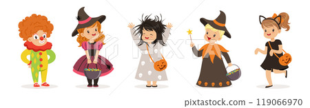 Cute Children in Halloween Costume Celebrate Holiday Vector Set Cute Children in Halloween Costume Celebrate Holiday Vector Set 119066970